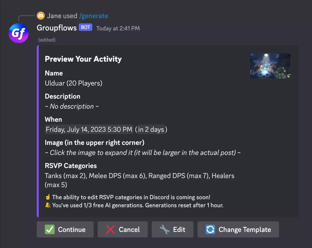 screenshot of the Groupflows Discord bot