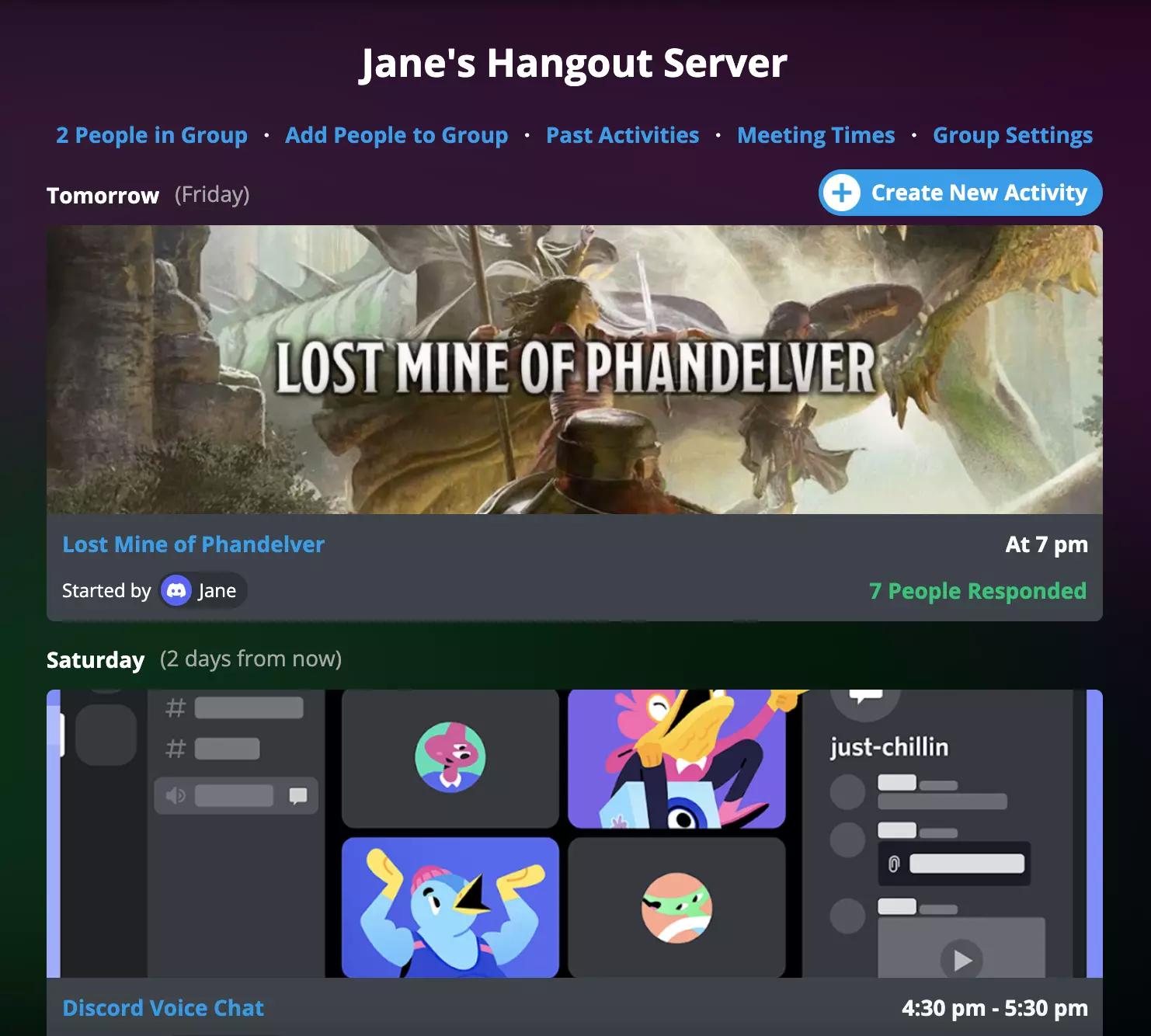 screenshot of the group page