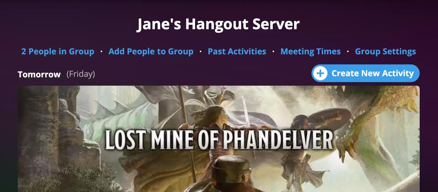 screenshot of the group page