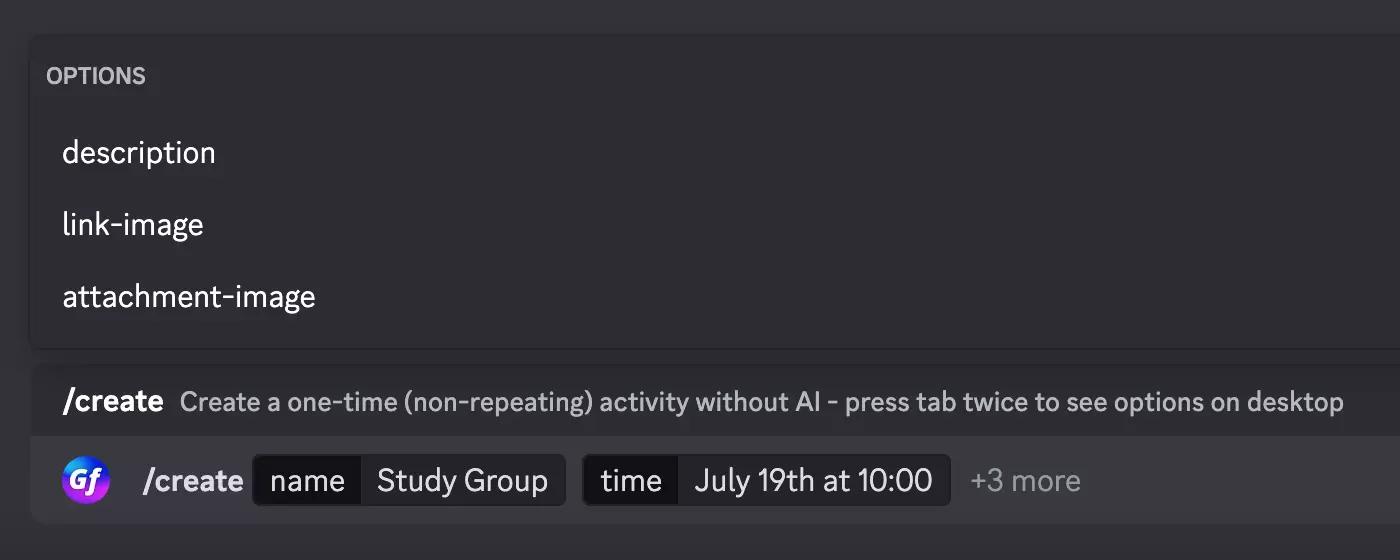 screenshot of the /create command